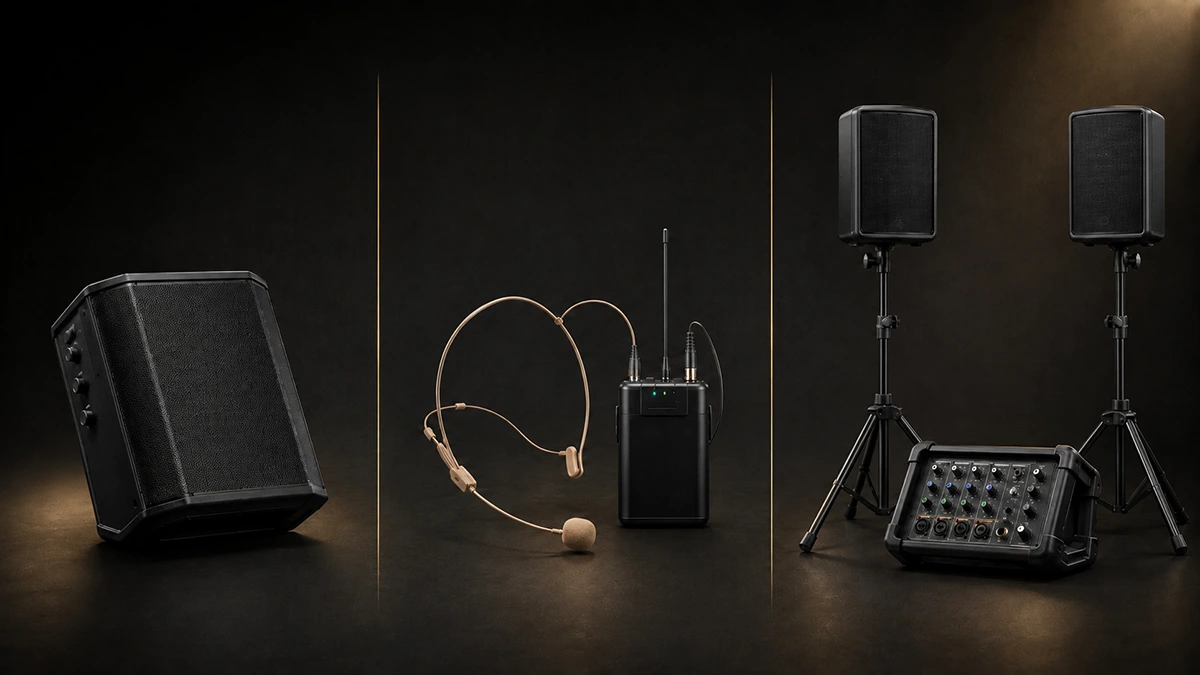 Équipement de sonorisation pour un spectacle de mentalisme : enceinte mobile, micro serre-tête sans fil et système avec deux enceintes